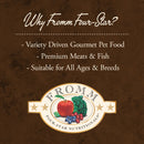 Promotional graphic for Fromm Four-Star pet food with text and logo on a brown background