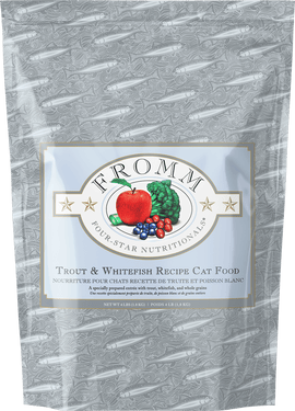 Package of Fromm Four-Star Nutritional Trout & Whitefish Recipe cat food with a gray background
