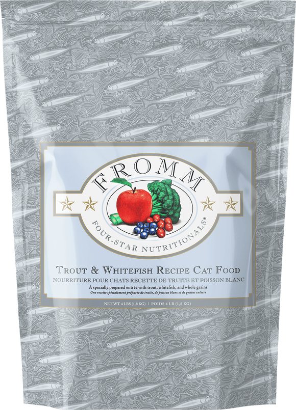 Package of Fromm Four-Star Nutritional Trout & Whitefish Recipe cat food with a gray background