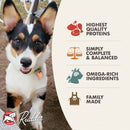 Dog with Rudder Cuties branding and product features on a white background