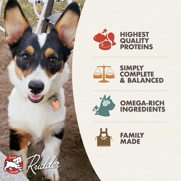 Dog with Rudder Cuties branding and product features on a white background