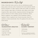 Product label with ingredients, guaranteed analysis, caloric content, and other details on a white background.
