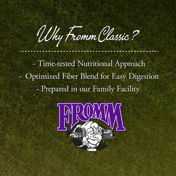 Promotional text for Fromm Classic pet food on a green background with the Fromm logo.