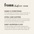 Fromm Family Pet Food advertisement with text about their commitment to pet care.