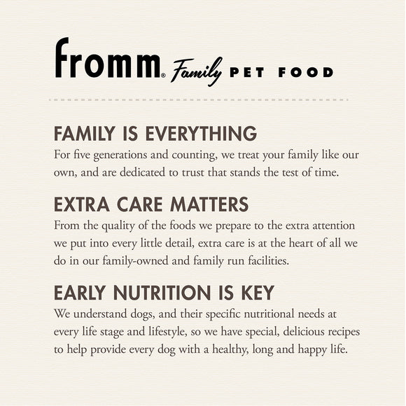 Fromm Family Pet Food advertisement with text about their commitment to pet care.