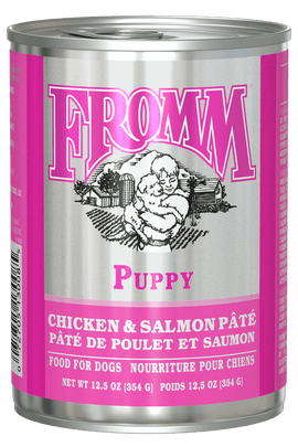 Can of Fromm Puppy Chicken & Salmon Pété on a white background