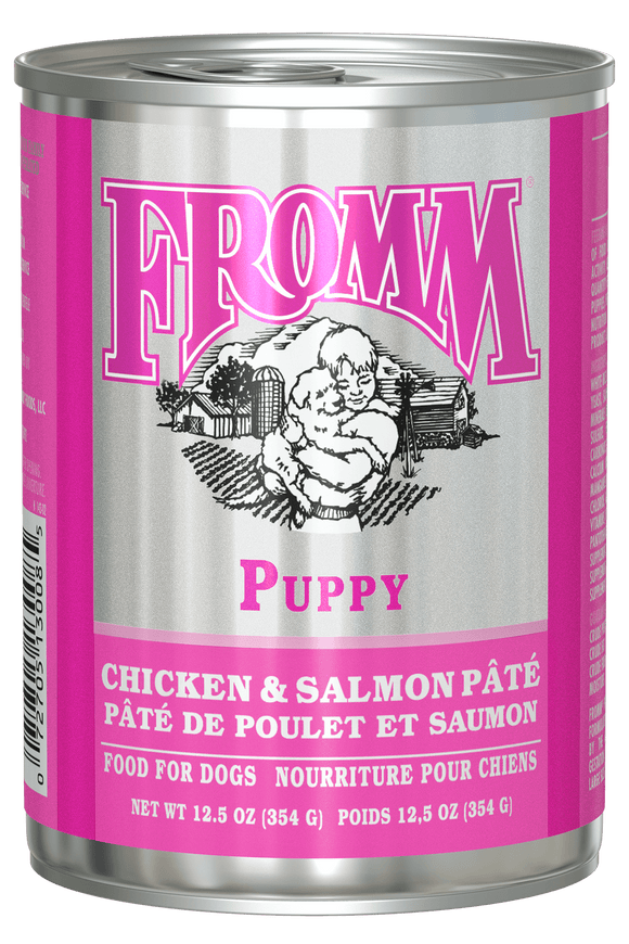 Can of Fromm Puppy Chicken & Salmon Pété on a white background