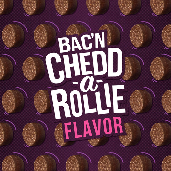 Product packaging with 'Bac'n Chedd-a-Rollie Flavor' text on a purple background with brown circular shapes.