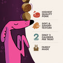 Illustration of a pink dog holding treats with text about pork quality and benefits.