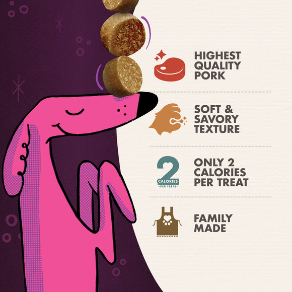 Illustration of a pink dog holding treats with text about pork quality and benefits.