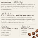 Dog treat label with ingredients, feeding recommendation, and guaranteed analysis.