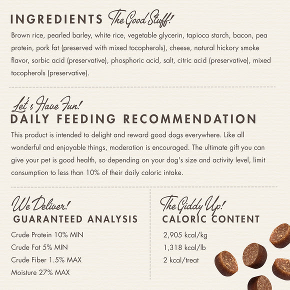 Dog treat label with ingredients, feeding recommendation, and guaranteed analysis.
