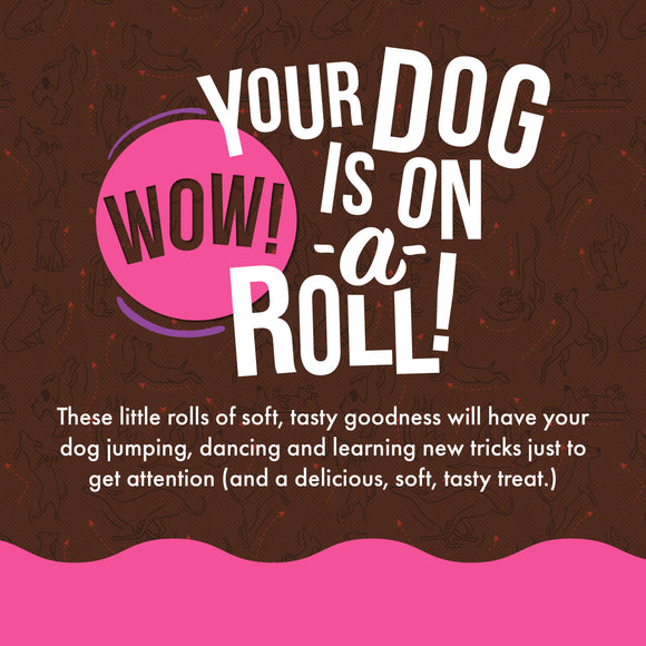 Promotional graphic for dog treats with text and a pink circle on a brown background.