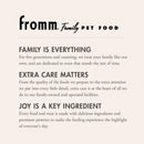 Fromm Family Pet Food advertisement with text about their commitment to pet care.