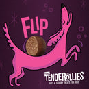 Pink dog illustration holding a treat with 'Flip' text and Tenderollies branding on a purple background.