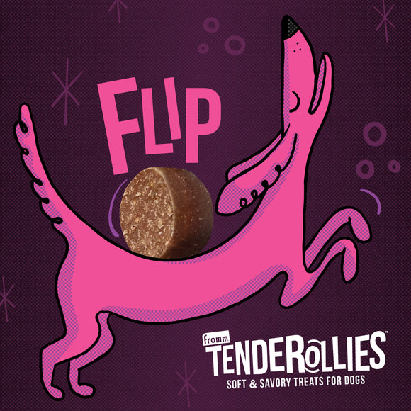 Pink dog illustration holding a treat with 'Flip' text and Tenderollies branding on a purple background.
