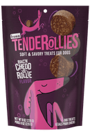 Package of Fromm Tenderollies dog treats with a purple background and cartoon dog illustration.