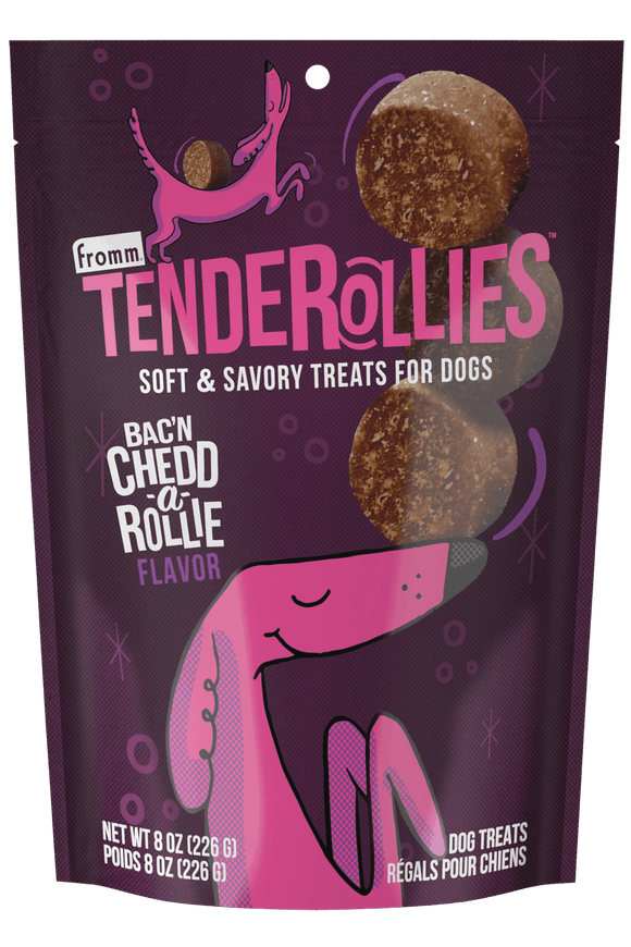 Package of Fromm Tenderollies dog treats with a purple background and cartoon dog illustration.