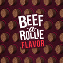 Pattern of round brown objects with 'Beef a Rollie Flavor' text on a dark purple background