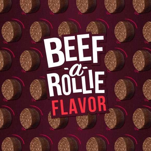 Pattern of round brown objects with 'Beef a Rollie Flavor' text on a dark purple background