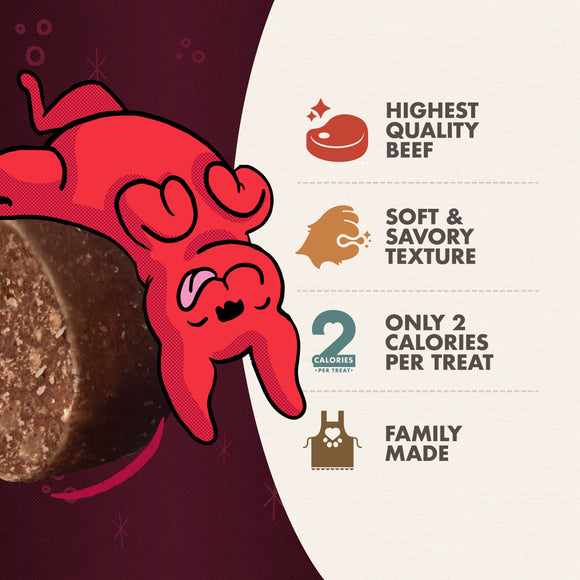 Dog treat packaging with cartoon dog and product features on a red and white background