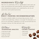 Dog treat label with ingredients, feeding recommendation, and guaranteed analysis.