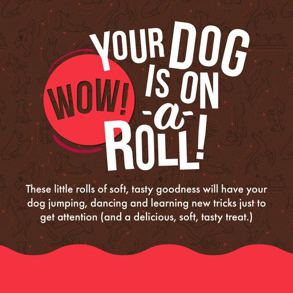 Promotional text for dog treats on a brown background with red accents.