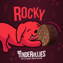 Tenderollies dog treat packaging with a cartoon dog and the brand name on a dark background
