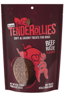 Tenderollies dog treats packaging with a red and brown design on a white background