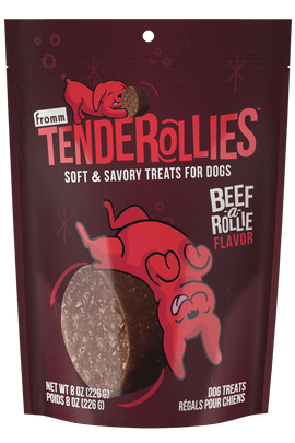 Tenderollies dog treats packaging with a red and brown design on a white background