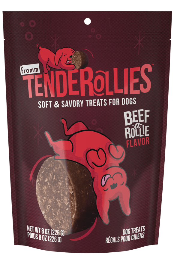 Tenderollies dog treats packaging with a red and brown design on a white background