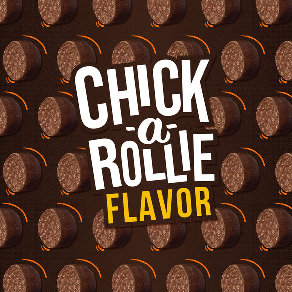 Chocolate cookies with 'Chick-a-Rollie Flavor' text on a brown background