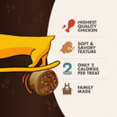 Illustration of a dog and a treat with text about chicken treats' qualities.