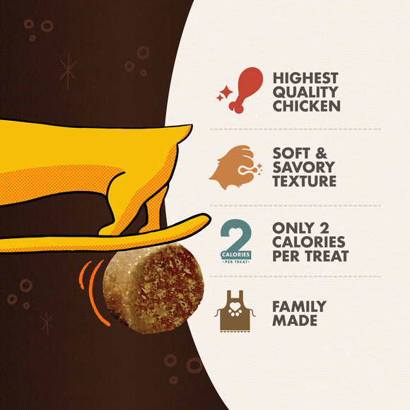 Illustration of a dog and a treat with text about chicken treats' qualities.