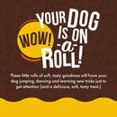 Promotional graphic for dog treats with text and a yellow circle on a brown background.