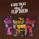 Three packages of Tenderollies dog treats on a brown background with text 'A dog treat they'll flip over!'.