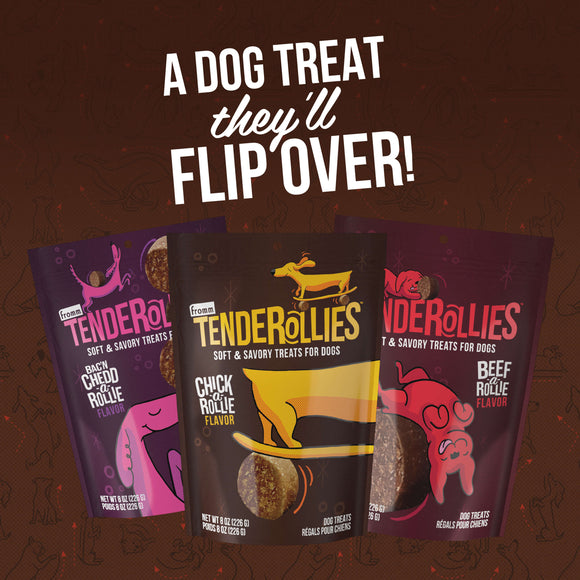 Three packages of Tenderollies dog treats on a brown background with text 'A dog treat they'll flip over!'.