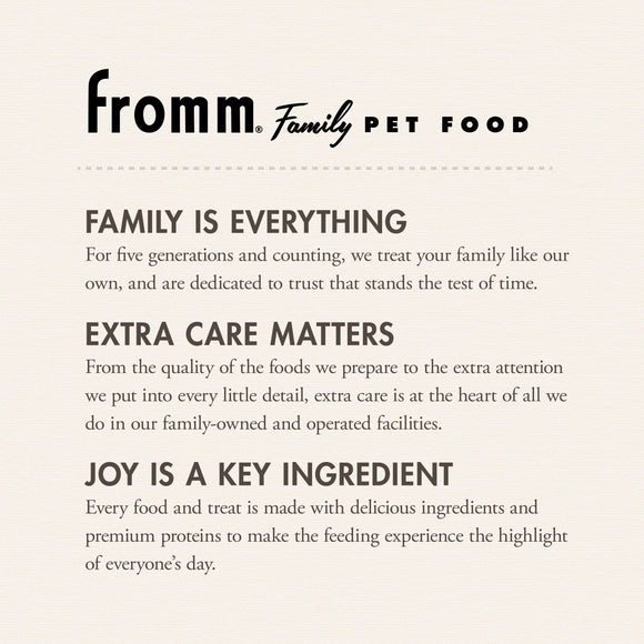 Fromm Family Pet Food advertisement with text about their commitment to pet care.