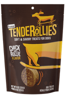 Tenderollies dog treats packaging with a cartoon dog on a skateboard and text about the product.