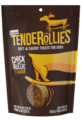 Tenderollies dog treats packaging with a cartoon dog on a skateboard and text about the product.