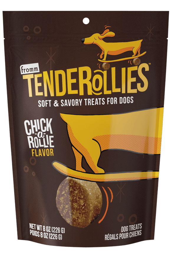Tenderollies dog treats packaging with a cartoon dog on a skateboard and text about the product.