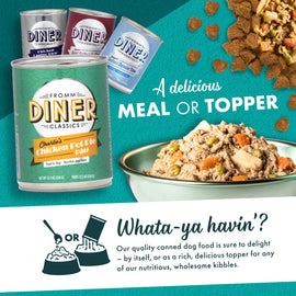 Diner Classics canned dog food with a bowl of food and text on a teal background