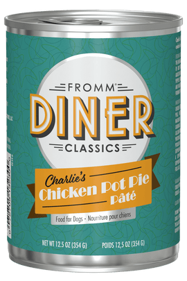 Can of Fromm Diner Classics Charlie's Chicken Pot Pie Páté for dogs on a black background