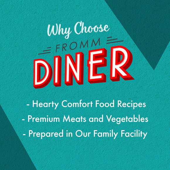 Promotional text for FROMM DINER on a teal background with red and white text.