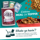 Diner brand canned dog food with text about meal or topper