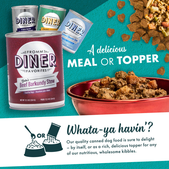 Diner brand canned dog food with text about meal or topper