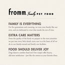 Fromm Family Pet Food advertisement with brand name and mission statement on a beige background