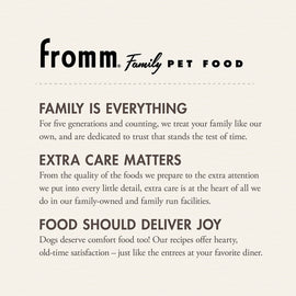 Fromm Family Pet Food advertisement with brand name and mission statement on a beige background