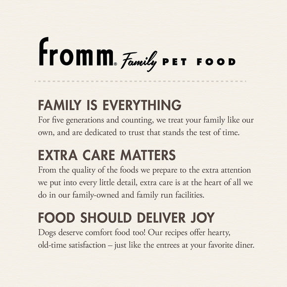 Fromm Family Pet Food advertisement with brand name and mission statement on a beige background