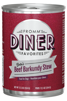 Can of Fromm Diner Favorites Bella's Beef Barkundy Stew dog food on a black background